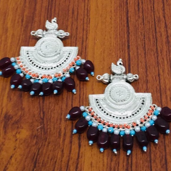 Silver Kuchi Earrings With Multicolor Beads and Stones,Tribal Boho - Picture 4 of 8